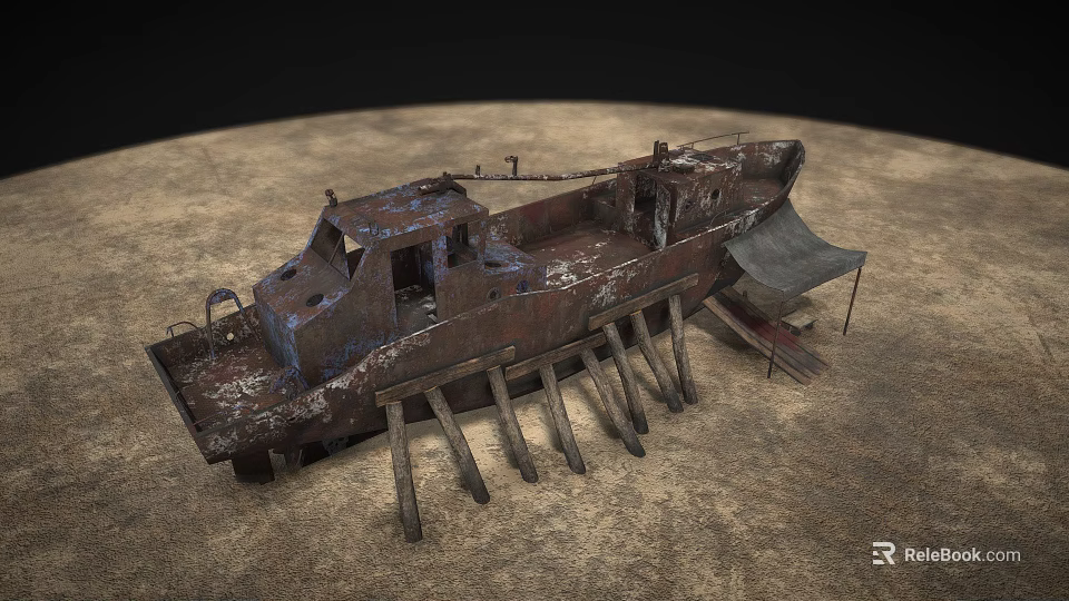 Old Rusty Boat on Wooden Stands with Rough Ground Surface 3d model 