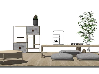Minimalist Tea Table with Gray Poufs on Wooden Floor and Green Plants 3d model