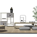 Minimalist Tea Table with Gray Poufs on Wooden Floor and Green Plants