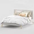 Modern Double Bed with Light Gray Headboard Gold Legs and White Comforter Pillows 3d model