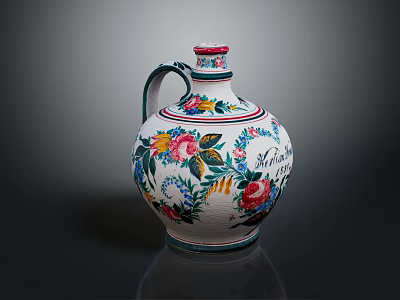 Colorful Hand Painted Vase Decorated With Vibrant Floral Patterns And Lush Green Leaves 3d model