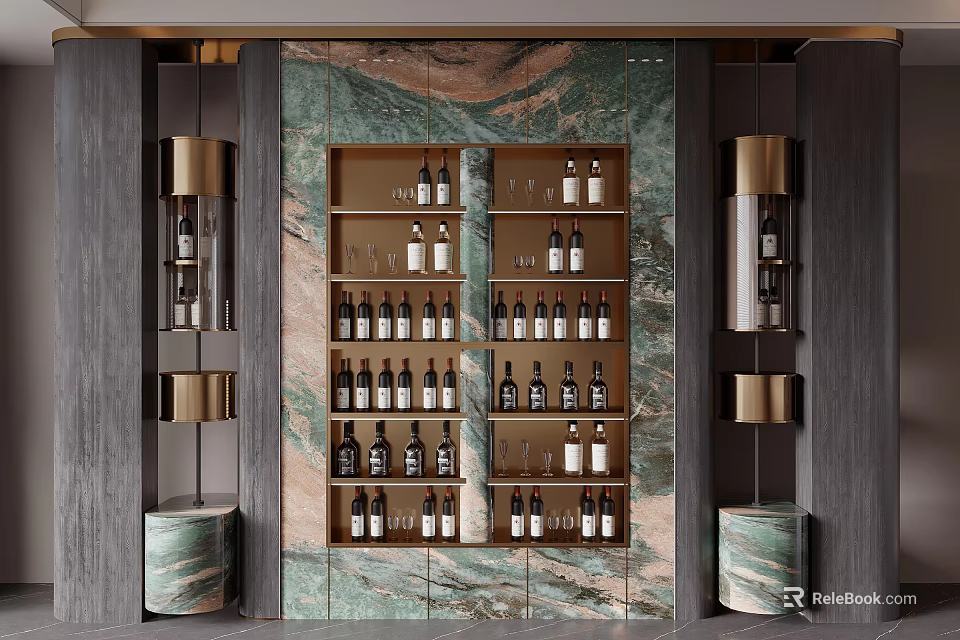 Stylish Wine Cabinet With Green Marble Backdrop And Multiple Shelves For Wine Bottles And Glasses 3d model 