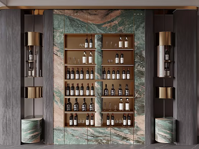 Stylish Wine Cabinet With Green Marble Backdrop And Multiple Shelves For Wine Bottles And Glasses 3d model