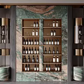 Stylish Wine Cabinet With Green Marble Backdrop And Multiple Shelves For Wine Bottles And Glasses
