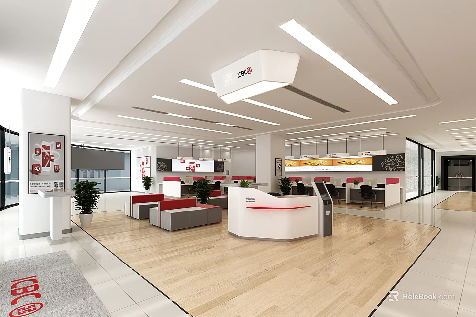 Modern Service Hall Interior With Service Counters And Waiting Area Seats 3d model 