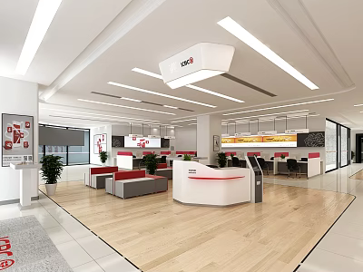 Modern Service Hall Interior With Service Counters And Waiting Area Seats 3d model