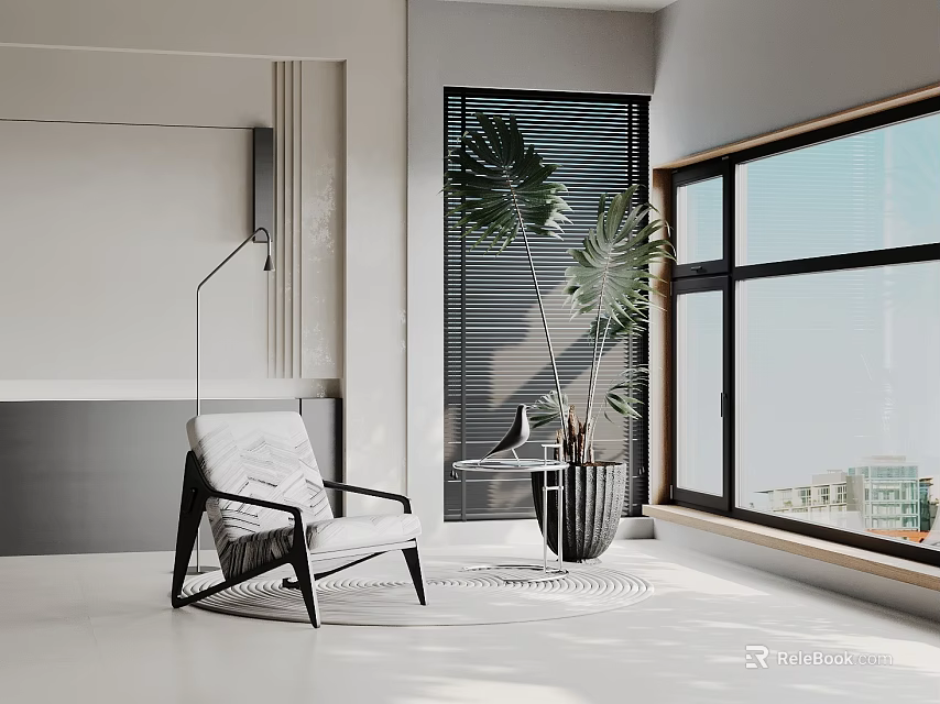 Modern Interior Decorative Ornament Combination With Accent Chair Floor Lamp And Large Green Plant 3d model 