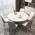 Round Modern Dining Table Set With Marble Top And Six Light Gray Upholstered Chairs 3d model