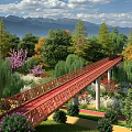 Red Bridge Surrounded by Green Trees Purple Flowers and Mountains Under Blue Sky White Clouds