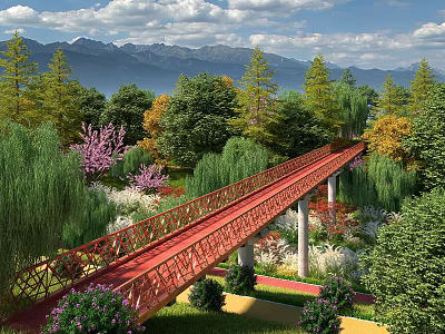 Red Bridge Surrounded by Green Trees Purple Flowers and Mountains Under Blue Sky White Clouds 3d model