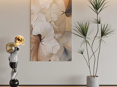 Abstract Painting With Leaf Patterns And Beige Brown Tones Near Astronaut Figurine And Potted Plant 3d model