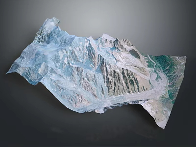 3D Mountainous Terrain Model Featuring Snow Covered Peaks Glacier And Green Valleys 3d model