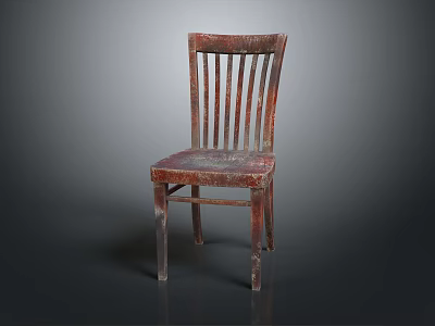 Vintage Wooden Slat Back Dining Chair With Worn Seat And Rustic Finish 3d model