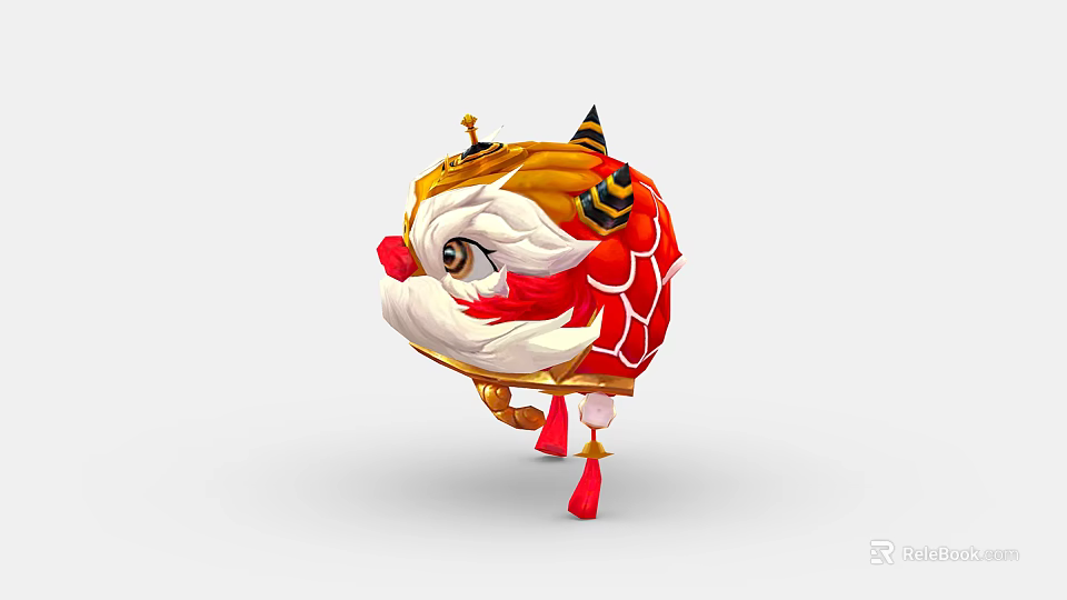 Traditional Chinese Lion Dance Head With Red Gold Ornate Patterns And Hanging Tassels 3d model 