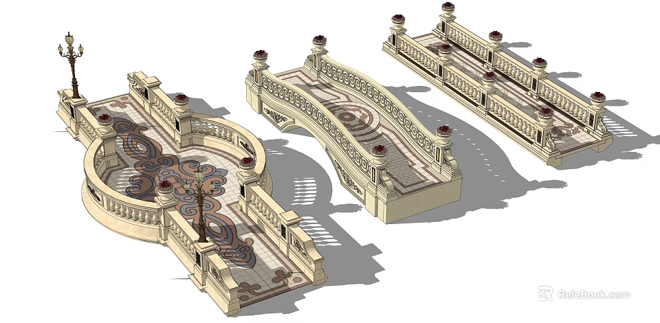 Ornate Landscape Bridge With Decorative Railings Patterned Flooring And Steps 3d model