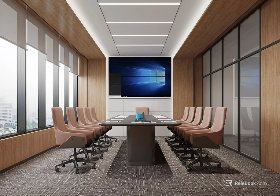 Modern Conference Room With Long Table Brown Leather Chairs Large Screen And City View 3d model 
