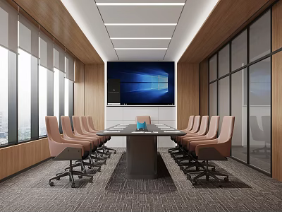 Modern Conference Room With Long Table Brown Leather Chairs Large Screen And City View 3d model