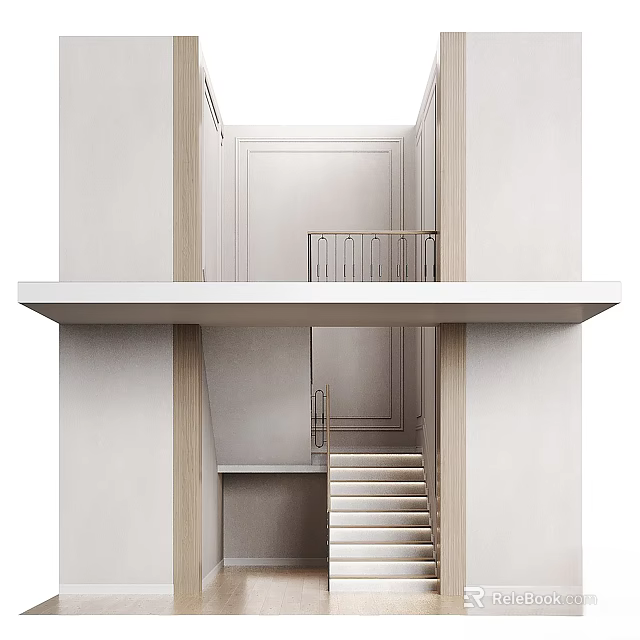 Modern Minimalist Staircase Interior With White Steps Light Colored Walls And Metal Railing 3d model 