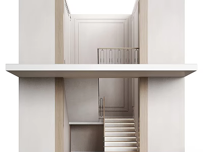 Modern Minimalist Staircase Interior With White Steps Light Colored Walls And Metal Railing 3d model