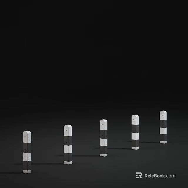 White Roadside Traffic Bollards With Black Stripes Arranged In A Line With Reflections 3d model 