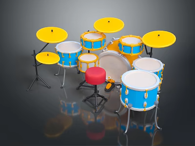 Colorful Drum Set With Yellow Drumheads Blue Shells Red Stool And Multiple Drumming Equipment 3d model