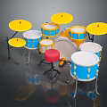 Colorful Drum Set With Yellow Drumheads Blue Shells Red Stool And Multiple Drumming Equipment 3d model