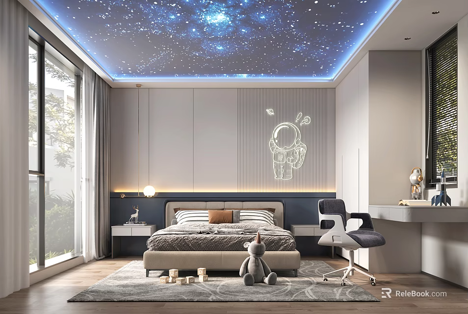 Starry Sky Themed Kids Bedroom Interior With Astronaut Design Bed Desk And Chair 3d model 
