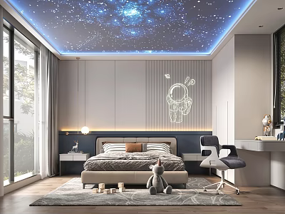 Starry Sky Themed Kids Bedroom Interior With Astronaut Design Bed Desk And Chair 3d model