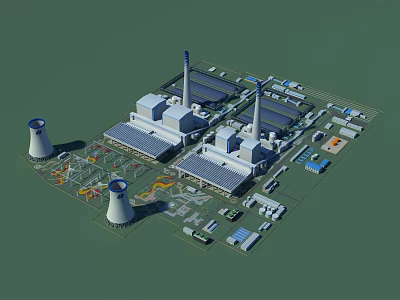 Modern Industrial Plant With Cooling Towers Chimneys Solar Panels And Equipment Layout 3d model