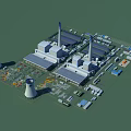 Modern Industrial Plant With Cooling Towers Chimneys Solar Panels And Equipment Layout