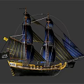 Vintage Sailing Ship Model With Blue Sails Black Hull And Yellow Accents