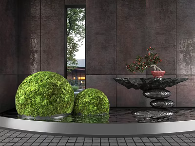 Tranquil Indoor Landscape With Green Moss Balls Water Feature And Black Pedestal 3d model