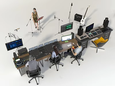 Professional Recording Studio Office Desk With Computers Mixing Console And Musical Instruments 3d model
