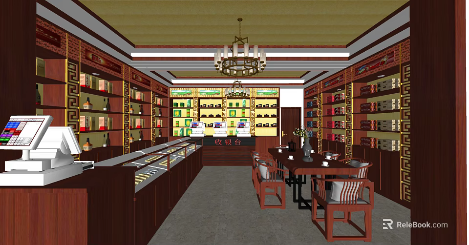 Wine and Spirits Store Interior with Wooden Shelves Display Cabinets Chandelier Lighting and Seating Area 3d model 