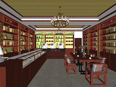 Wine and Spirits Store Interior with Wooden Shelves Display Cabinets Chandelier Lighting and Seating Area 3d model