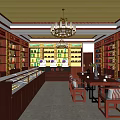 Wine and Spirits Store Interior with Wooden Shelves Display Cabinets Chandelier Lighting and Seating Area