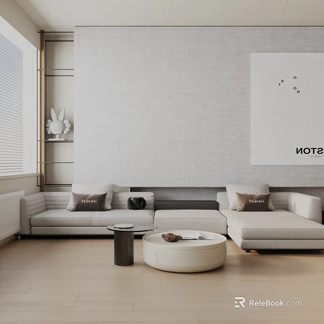 Modern Living Room With White Three Seater Sofa Light Gray Wall Cushions And Coffee Tables 3d model 