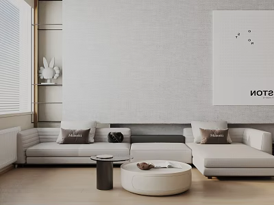 Modern Living Room With White Three Seater Sofa Light Gray Wall Cushions And Coffee Tables 3d model