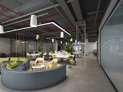 Modern Public Office Space With Open Layout Gray Sofa Yellow Chairs And Green Plants 3d model