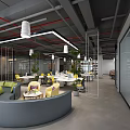 Modern Public Office Space With Open Layout Gray Sofa Yellow Chairs And Green Plants