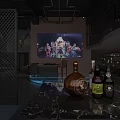 Stylish Bar Interior with Large Screen Live Performance Bottles on Sleek Marble Counter and Brick Wall