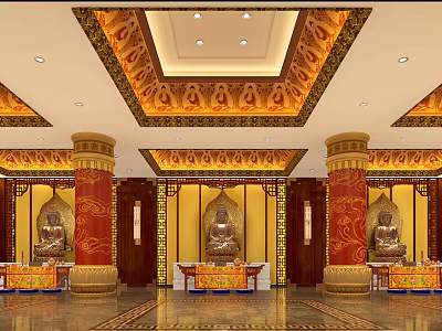 Religious Faith Inspired Temple Interior With Buddha Statues Red Columns And Golden Ceiling Decorations 3d model