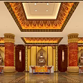 Religious Faith Inspired Temple Interior With Buddha Statues Red Columns And Golden Ceiling Decorations