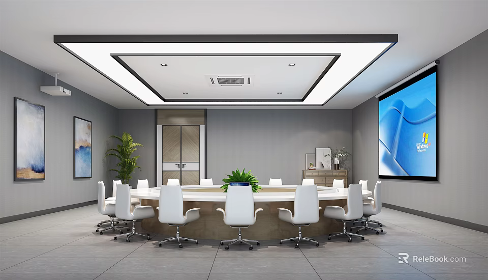 Modern Conference Room Interior With Round Table White Chairs And Large Screen 3d model