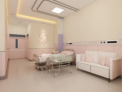 Comfortable Modern Maternity Ward Room With Hospital Bed Sofa And Baby Bassinet 3d model