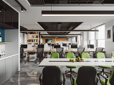 Spacious Modern Public Office Space Interior With Workstations Green Chairs Computers And Bookshelves 3d model