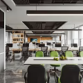 Spacious Modern Public Office Space Interior With Workstations Green Chairs Computers And Bookshelves