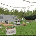 Outdoor Garden Landscape With White Trailer Green Hammock String Lights Fire Pit And Green Lawn