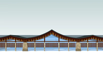 Traditional Chinese Architectural Design With Open Veranda Curved Wooden Roof Stone Pillars Railings 3d model