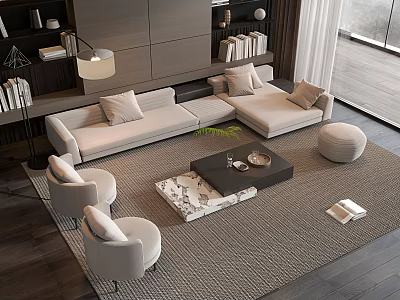 Modern Sofa Coffee Table Set With Fabric Upholstery Accent Chairs Throw Pillows And Area Rug 3d model